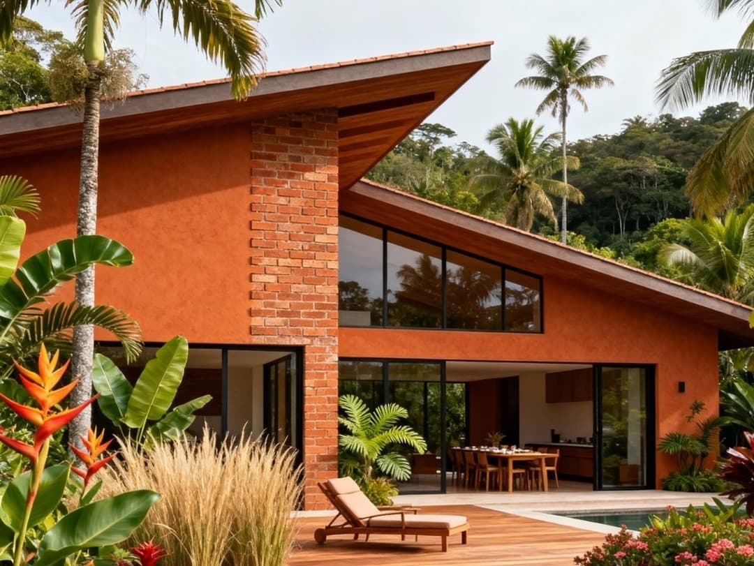 Photo de référence architecturale — habitat tropical en brique de terre et bois